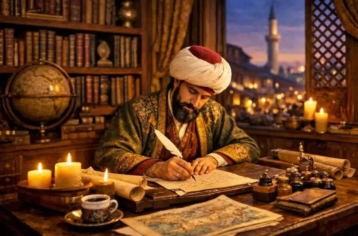 17. yüzyıl Osmanlı seyyahı Evliya Çelebi yazı yazarken tasviri